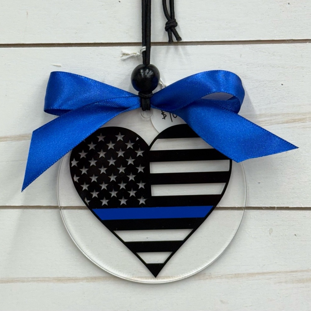 Back the Blue - Acrylic Ornament, Heart Design American Flag w/ Blue Line